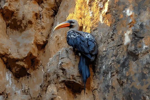 Large bird with orange beak perched on rocky cliff under warm sunlight