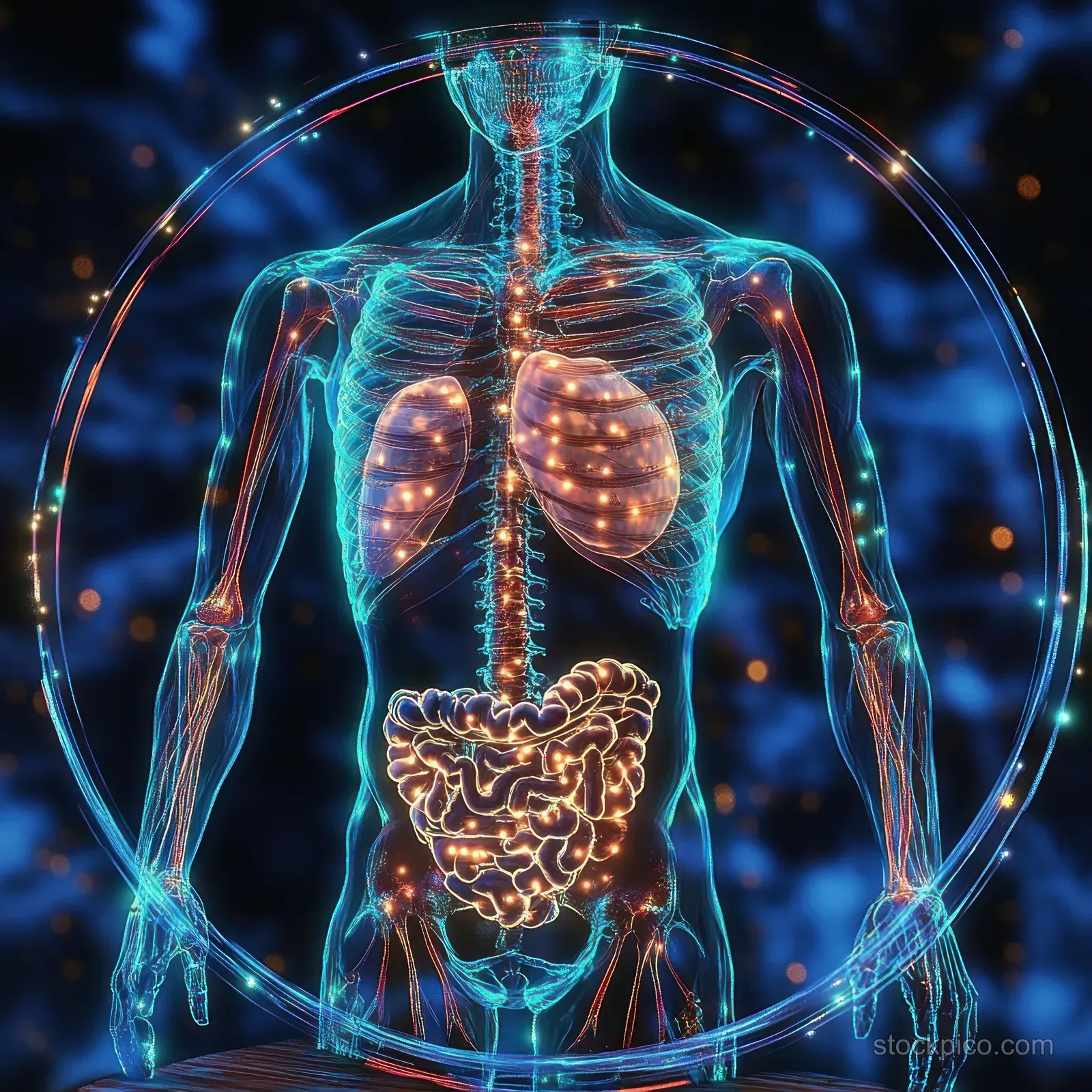 Bioluminescent skeletal ribs and glowing organs inside a circular frame surround a human torso illustration.