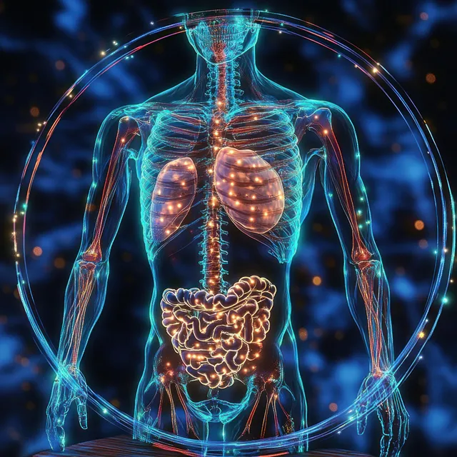 Bioluminescent skeletal ribs and glowing organs inside a circular frame surround a human torso illustration.