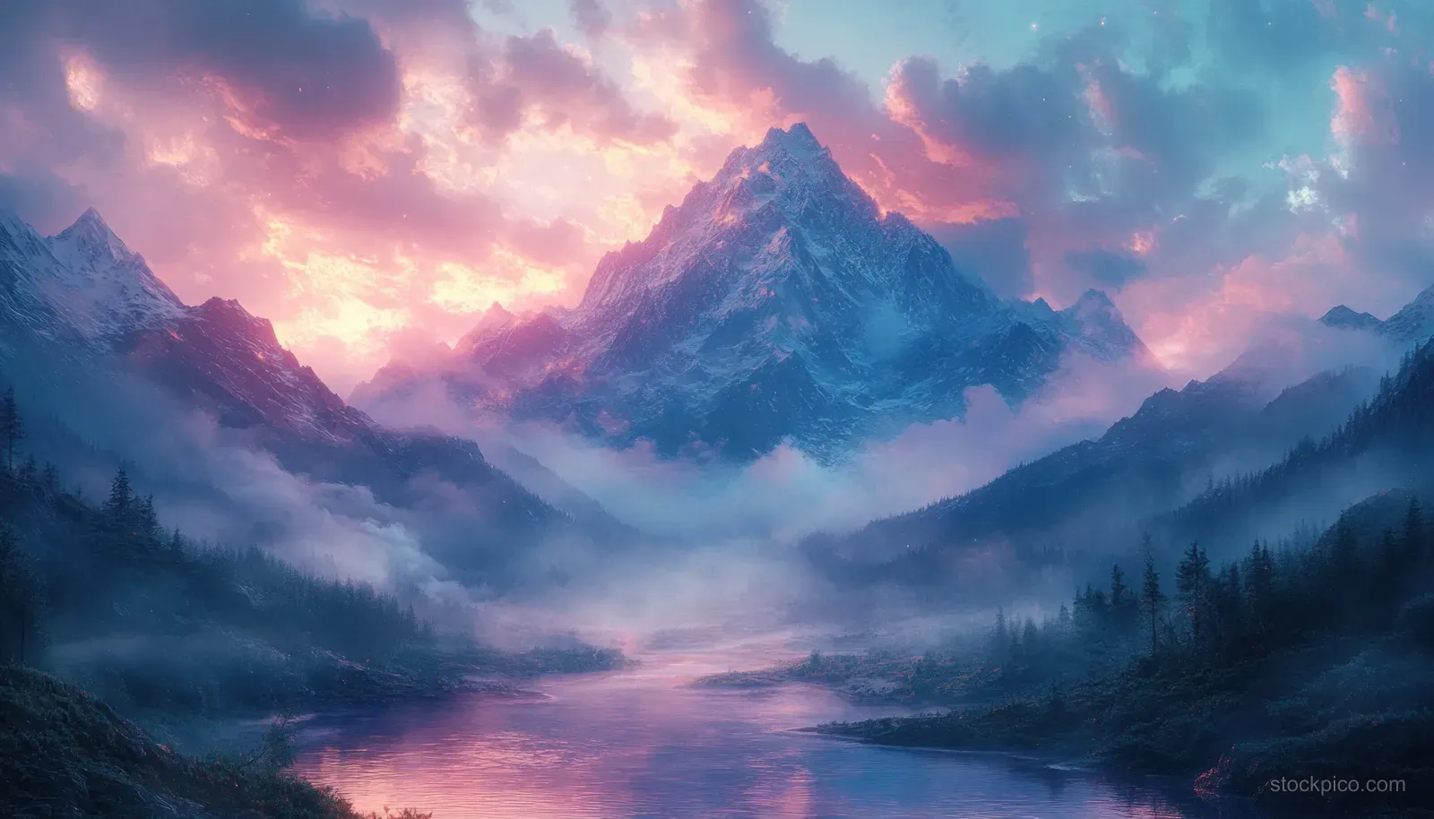 Mountain peaks rise above a misty valley under a pink and blue dawn sky.