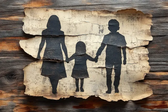 Three children silhouettes holding hands on cracked peeling paper attached to a weathered wooden board.