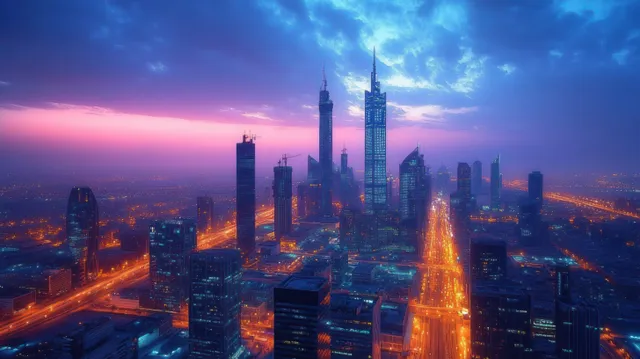 Riyadh KAFD skyscrapers glowing at dusk with illuminated towers and blue-hour twilight skyline
