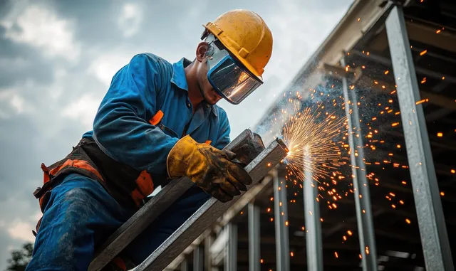 A construction worker in welding gear sparks as they weld steel beams on an outdoor framework.