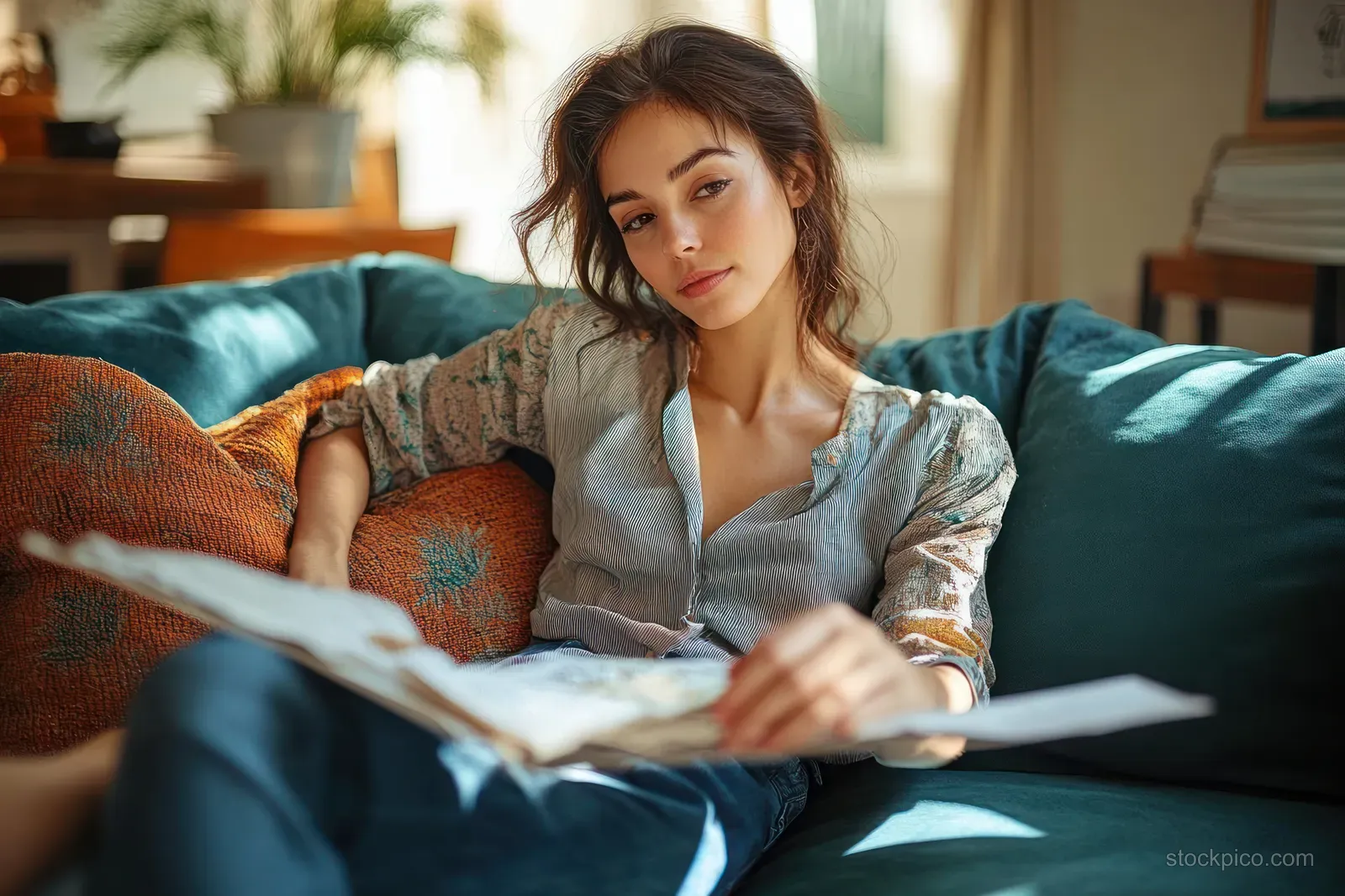 A woman sits on a teal couch reading financial documents while reviewing paperwork on her lap.