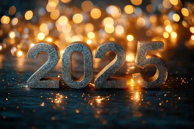 Silver glitter 2025 numbers with warm golden bokeh lights glowing in the dark background.