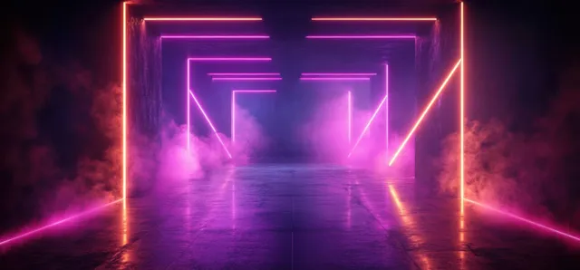 Neon cyberpunk corridor stage with glowing geometric frames, purple pink laser light with Night Club Atmosphere