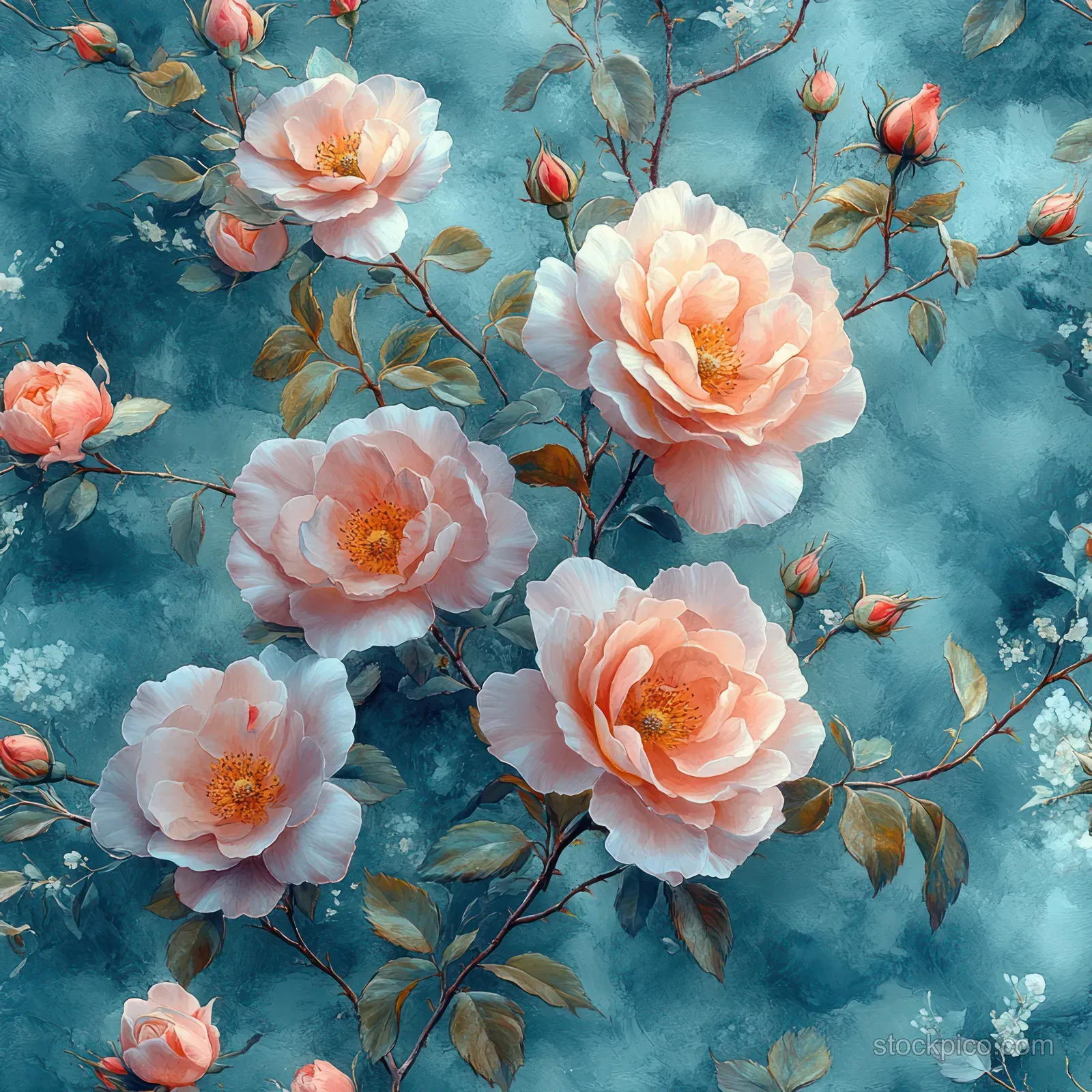 Pink watercolor roses and small blossoms appear on a teal background with soft blended branches.