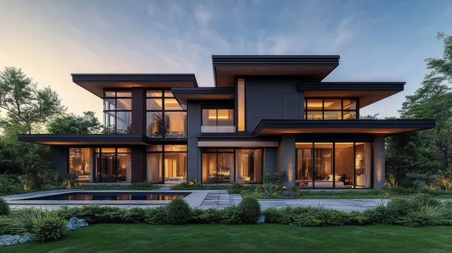 Modern two-story house with large glass windows glowing at dusk over landscaped lawn
