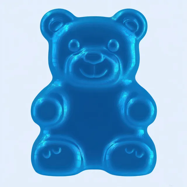 Shiny blue gummy bear candy with translucent gel texture on a plain light background