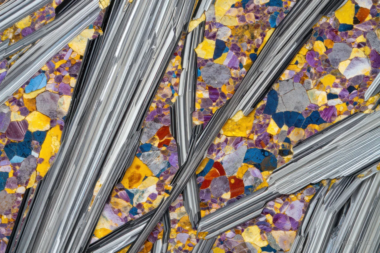 Multicolor mineral crystal fragments and interwoven metallic-looking fibers form a textured pattern on a rough rock surface.