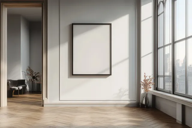 Minimalist Scandinavian bedroom with large window light, herringbone wood flooring, and empty wall frame