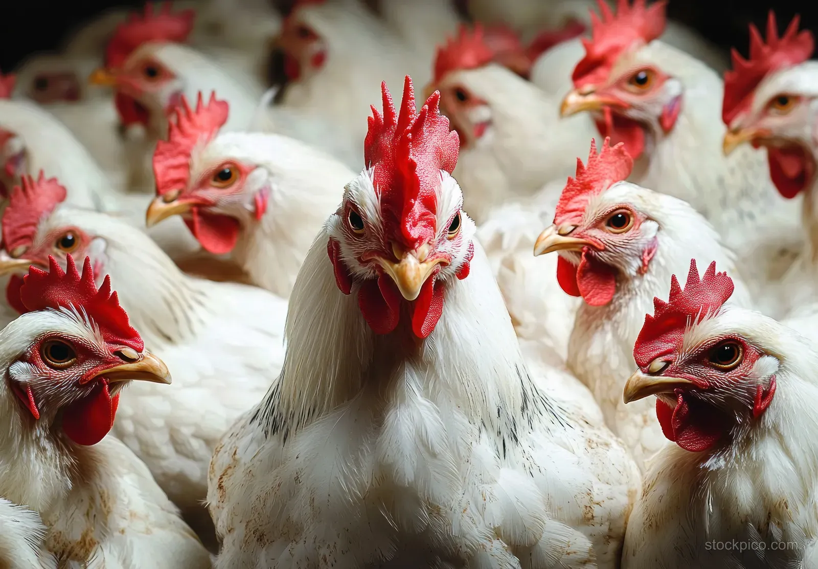White chickens with red combs huddle together, their faces and feathers clearly visible under soft lighting.
