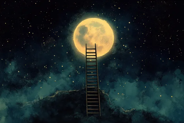 Ladder Reaching a Glowing Moon in Dreamy Night Sky with Stars and Mist
