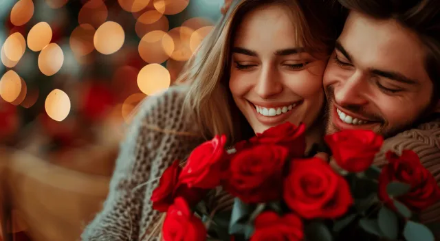 Loving young couple hugging indoors, smiling over red roses and soft golden bokeh lights