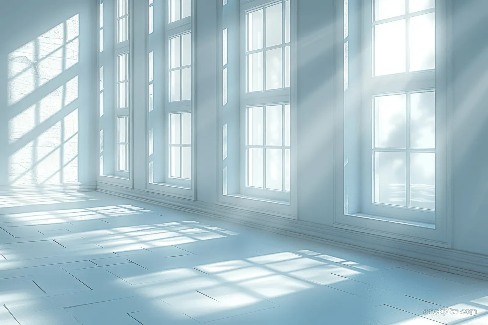 Sunlit windows cast soft blue shadow bands across the empty minimalist room floor.