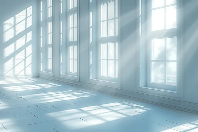 Sunlit windows cast soft blue shadow bands across the empty minimalist room floor.