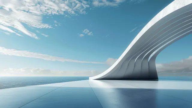 Empty concrete terrace leads toward a curved minimalist building facade under a blue sky in a 3D render.