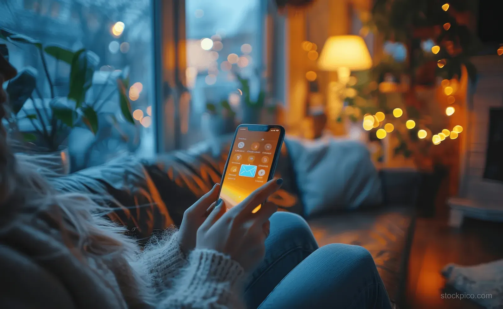 Hands hold a smartphone showing chat message bubbles while seated on a couch with evening lights behind.