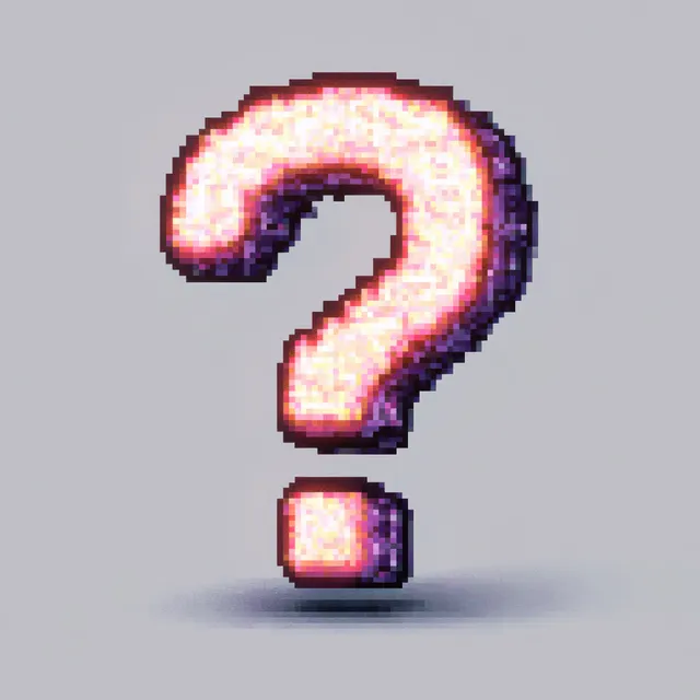 Glowing pixelated question mark hovering over gray background with soft shadow detail