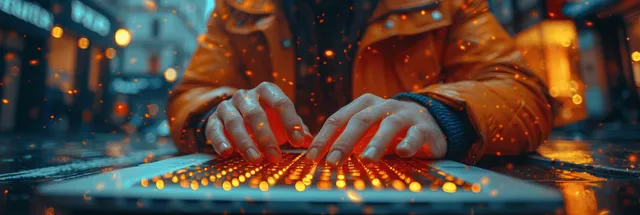 Businesswoman typing on laptop keyboard in office with glowing warm lights