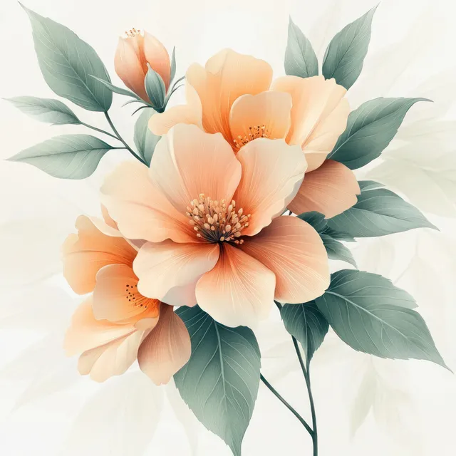 Peach watercolor floral bouquet with soft green leaves on cream background