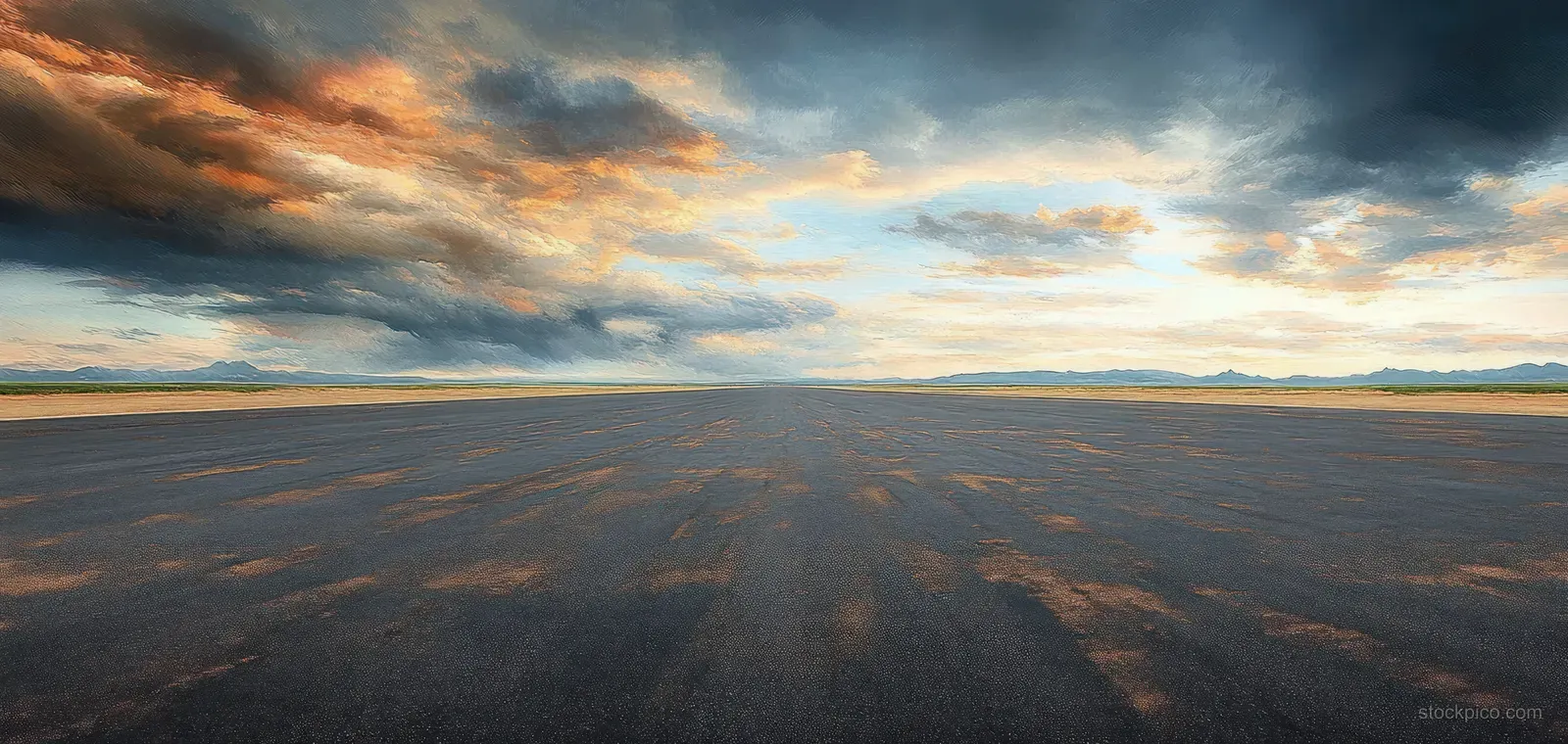 Empty asphalt runway stretches toward distant mountains beneath a dramatic twilight sky with layered clouds.