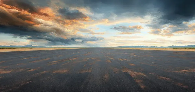 Empty asphalt runway stretches toward distant mountains beneath a dramatic twilight sky with layered clouds.