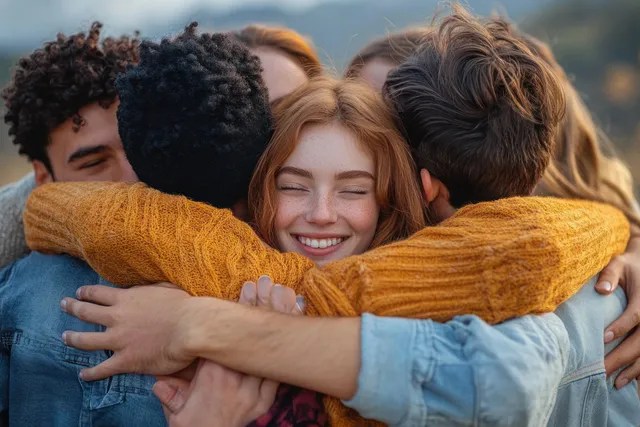 Diverse friends embrace outdoors on a sunny hillside, laughing and showing unity
