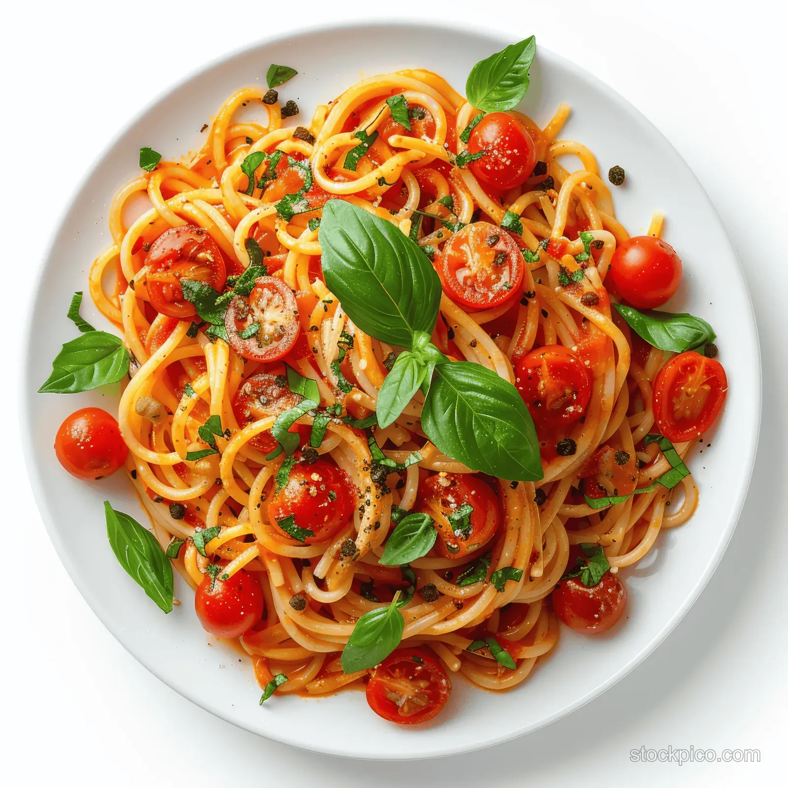 Italian spaghetti with tomato sauce and basil on a white plate in an overhead top view.