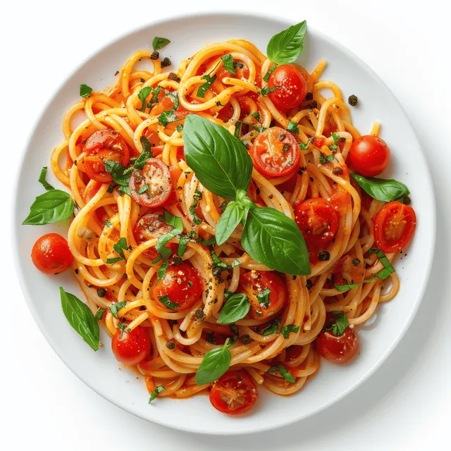 Italian spaghetti with tomato sauce and basil on white plate, overhead view with Herbs And Garnishes