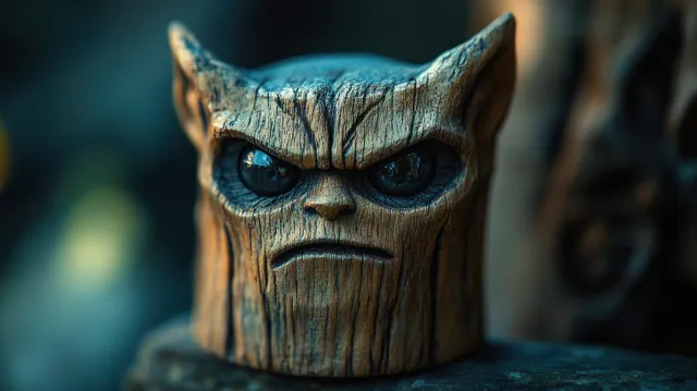 Close-up of a carved wooden owl figure showing intense eyes, angry expression, and detailed wood grain on a dark background.