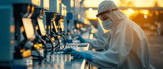 A protective lab worker checks cream-filled medical vials beside an automated conveyor in a sterile facility.