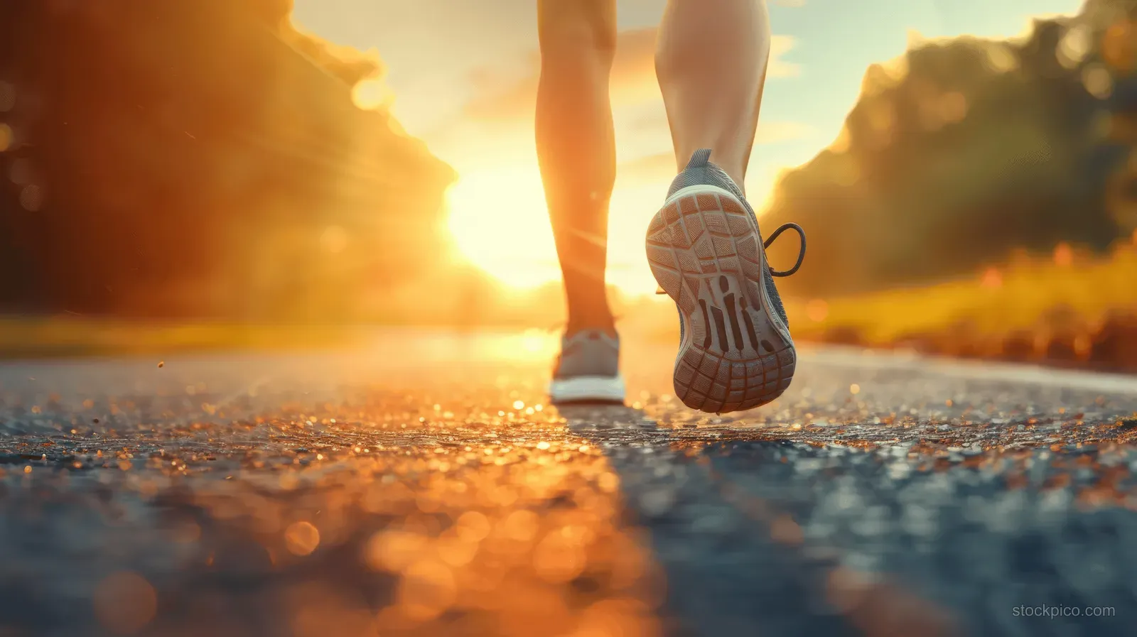 Runner’s feet in sport shoes sprint on a track at sunset with warm golden sunlight and motion blur.