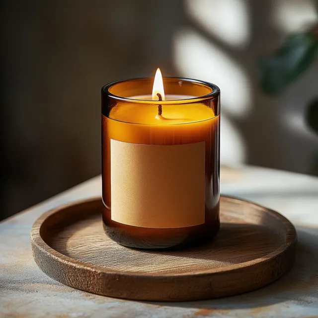Lit amber glass candle on round wooden tray with blank label, soft shadow nearby