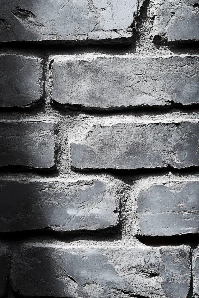 Weathered gray brick wall close-up with cracked mortar and directional light shadows.