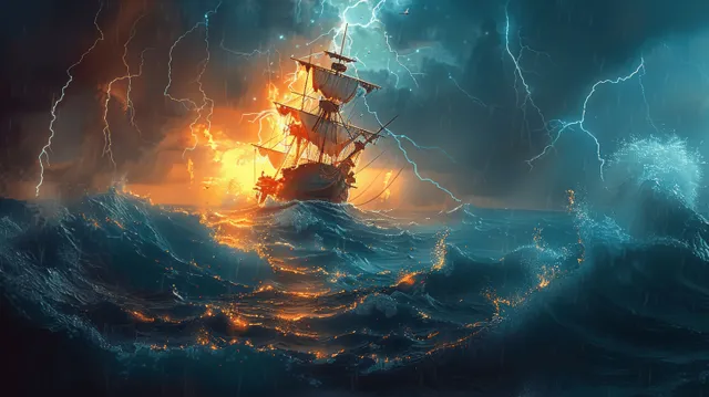 Futuristic Jesus calming a storm at sea beside a glowing lightning-lit ship