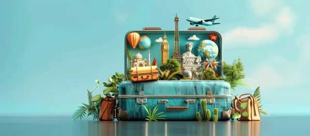 Open 3D suitcase spilling global landmarks, camera and hat on a sky-blue background.