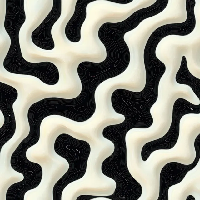 Monochrome wavy abstract ribbons flow across a textured black-and-white surface