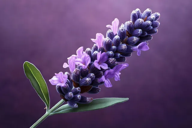 Close-up violet lavender bloom on green stem with soft purple background blur