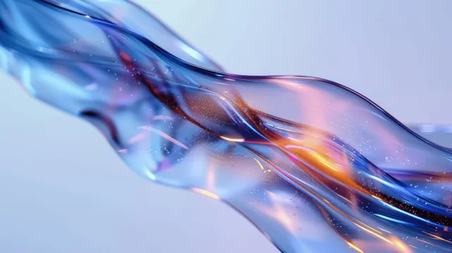 Blue iridescent glass ribbon waves with rainbow light refraction in macro close-up