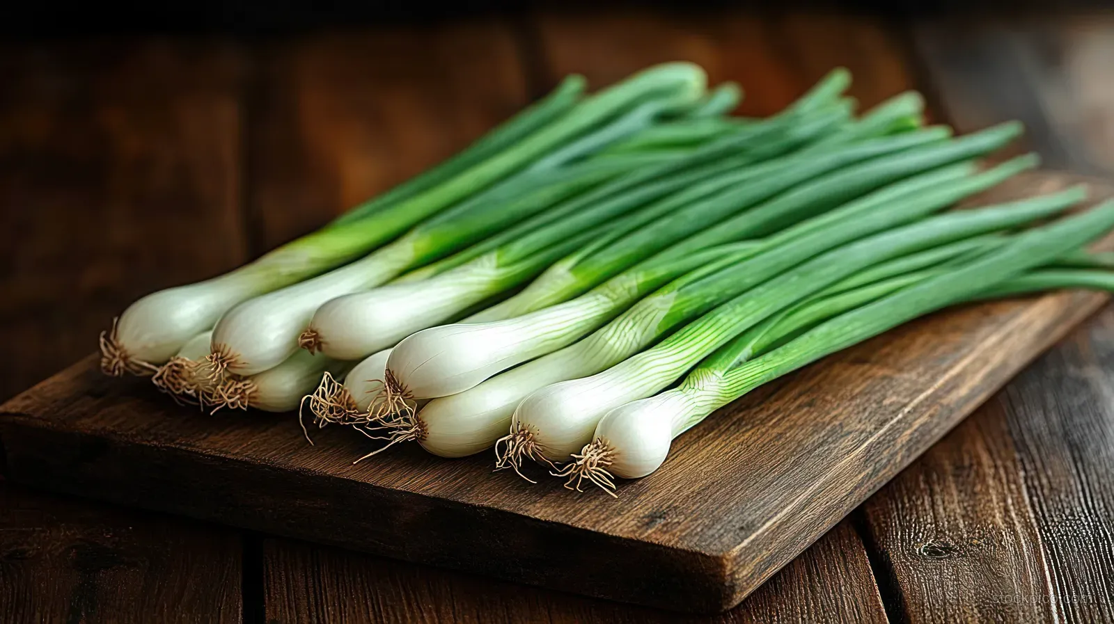 Fresh green onions with white bulbs arranged on a wooden cutting board in a close-up preparation view.