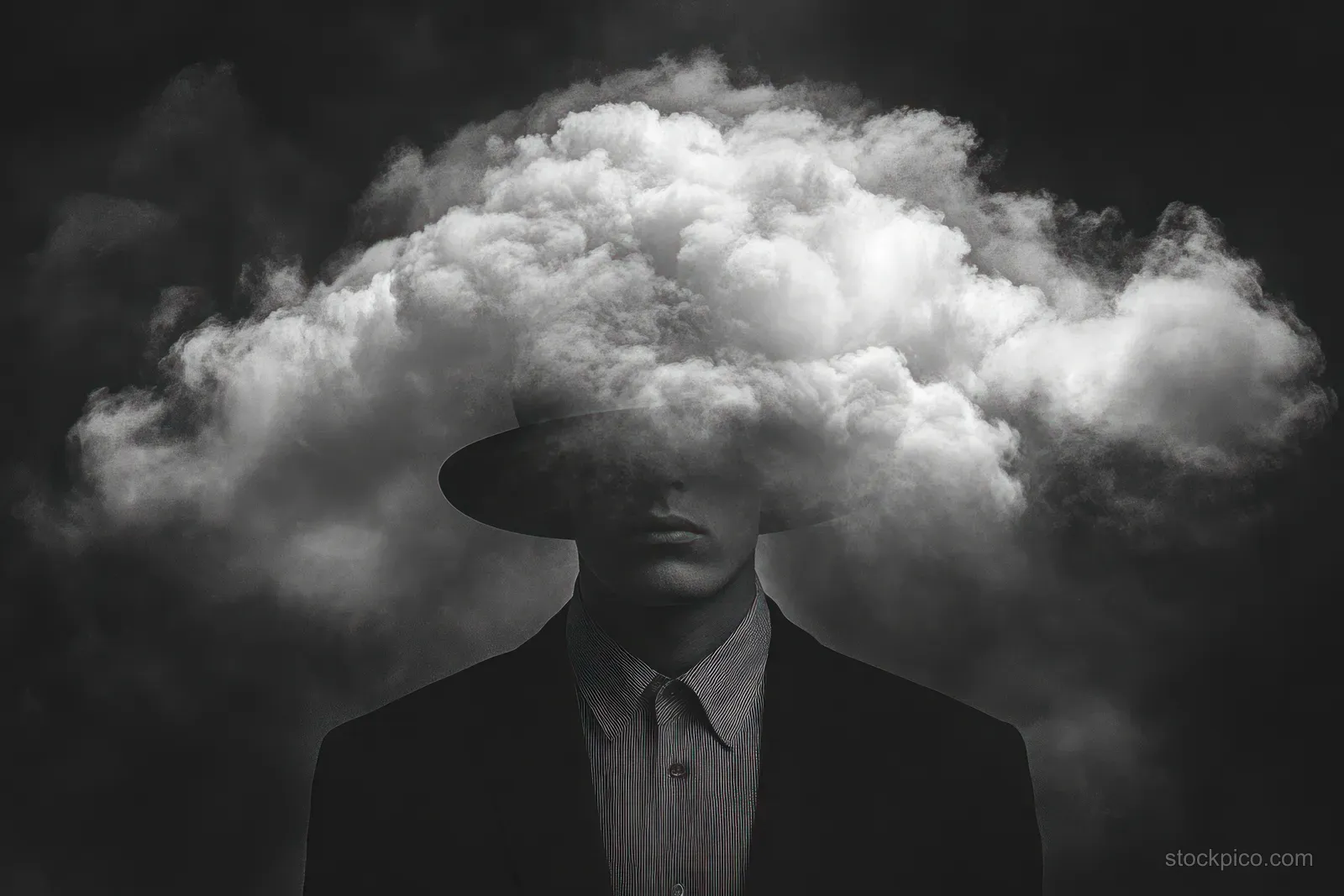 A suited man in a hat appears as a silhouette while a large cloud obscures his upper face.