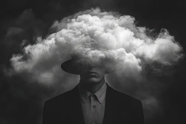 Un hombre con traje y sombrero aparece como una silueta mientras una gran nube oculta la parte superior de su rostro.