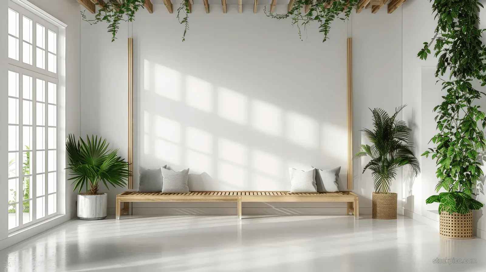 Sunlit minimal living room showing a blank white wall mockup, wooden bench, and potted plants near large windows.