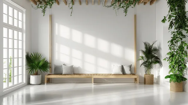 Sunlit minimal living room showing a blank white wall mockup, wooden bench, and potted plants near large windows.