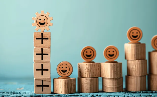 Smiling human icons stack blocks on a growth chart with gear symbols and wooden blocks nearby.
