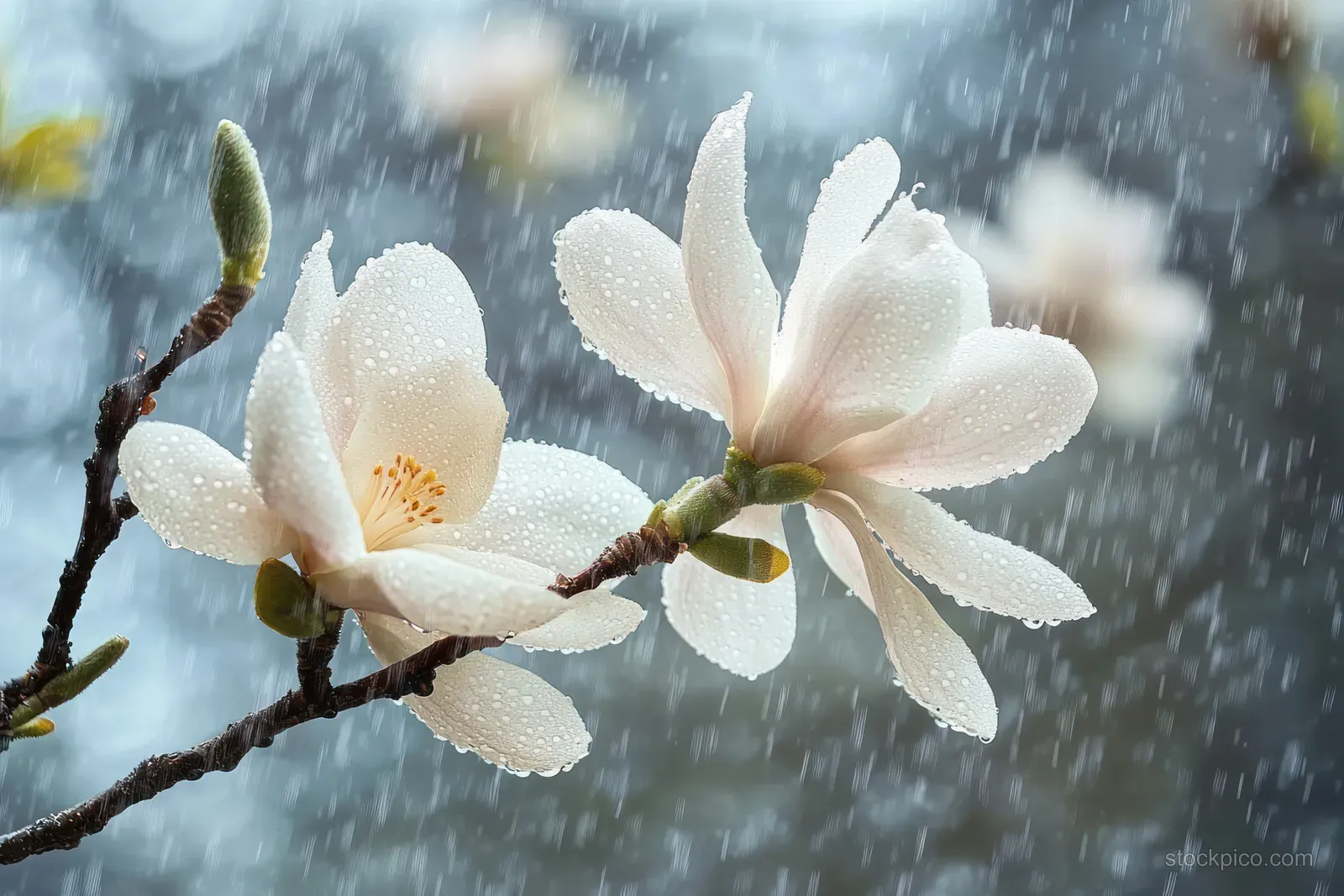 White magnolia blossoms covered in raindrops with rain falling behind in a soft blur.