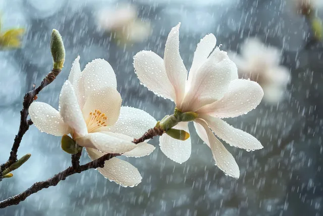 White magnolia blossoms with raindrops falling in soft background, close-up detail