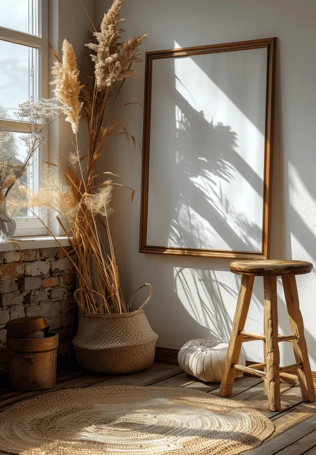 A blank A4 poster frame leans on a wooden stool next to pampas grass in a sunlit boho room.