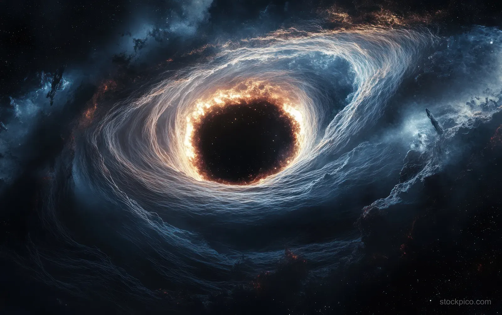 A central black hole with glowing accretion disk pulls swirling gas and dust through dark deep space.